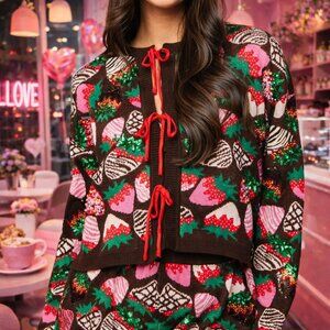 NWT Queen of Sparkles Brown Multi Sequin Strawberry Tie-Up Sweater